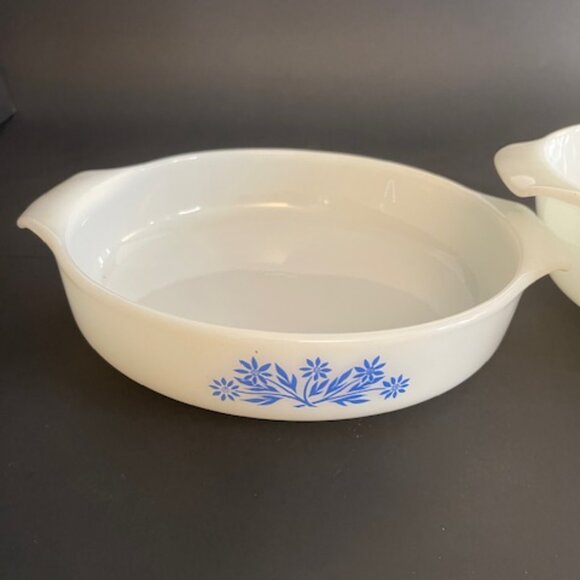 Set of 2 Anchor Hocking Fire King Milk Glass Casserole Dishes, Blue Floral - Picture 7 of 13